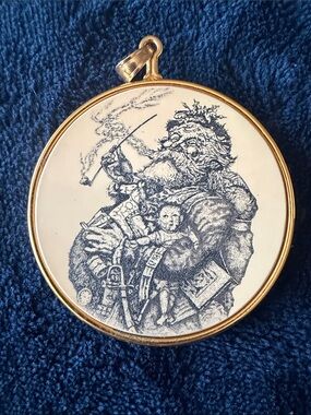 Gold-Trim White Porcelain Santa Ornament with Blue Illustration